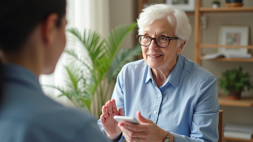 Close-up view of a caregiver using visual aids to communicate with a senior