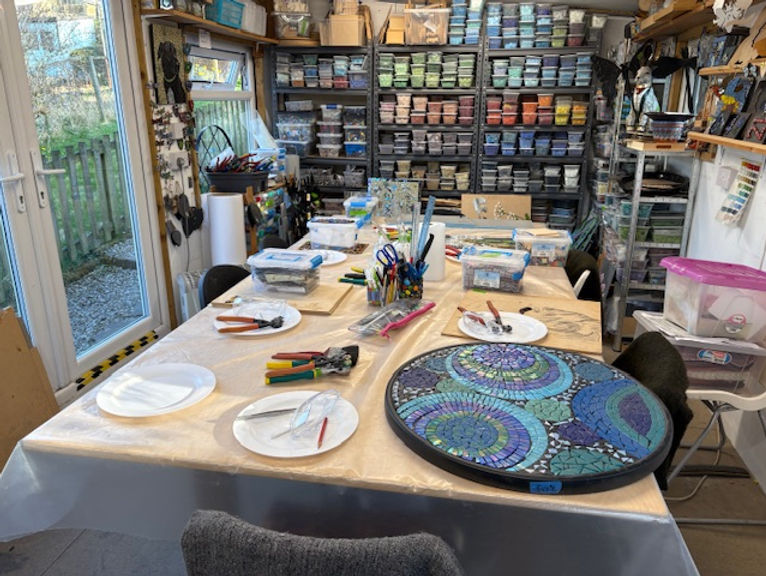 Frances Taylor's mosaic studio set up ready for a course.