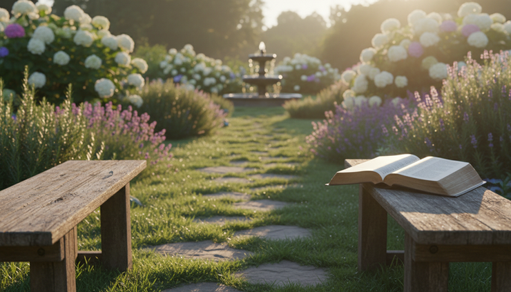 Wide-angle view of a quiet sunrise over an open Bible on a wooden bench