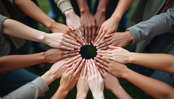Close-up of a community circle with hands joined in support