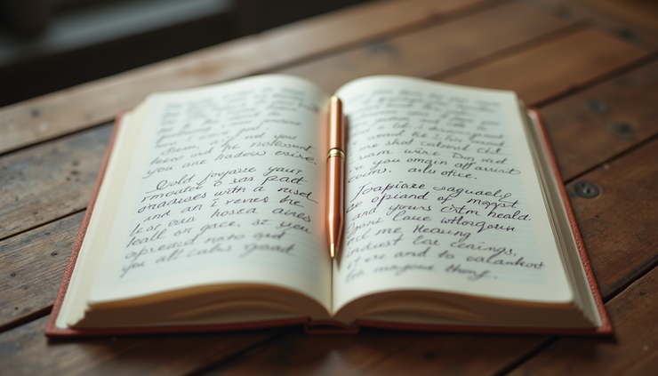 High angle view of an open journal with handwritten notes and a pen
