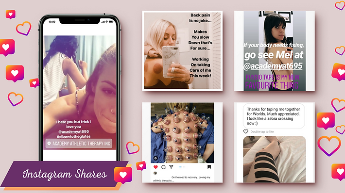 Instagram stories fom patients with photos of woman showing shoulder, woman taking picture of back, cupping on woman's back, message thanking for neuroproprioceptive tape
