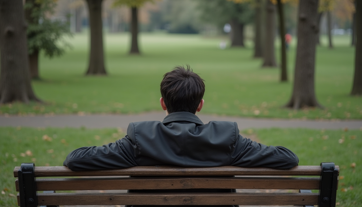 Vue en plongée d’une personne assise seule sur un banc dans un parc, regardant au loin avec hésitation
