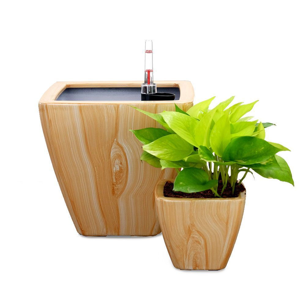 2-Pack Smart Self-watering Planter Pot for Indoor and Outdoor - Light Wood - Squ