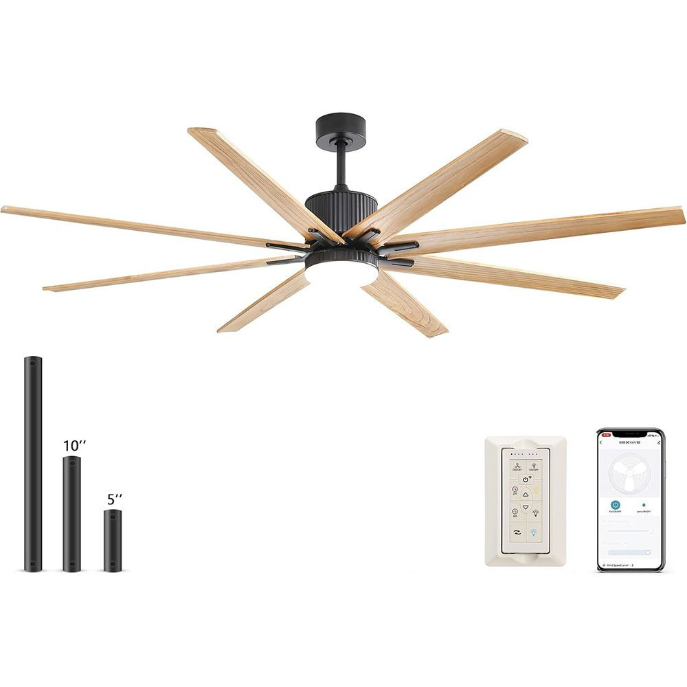 76 Inch Indoor Ceiling Fan With Dimmable 3 Color Led Light 8 Solid Wood Blades R