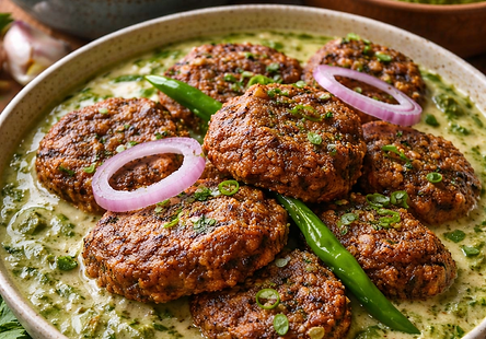 Green Masala Kheema Kebabs in Yogurt Garlic Sauce