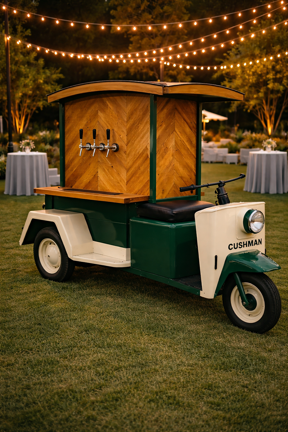 Vintage beer truck at an evening event