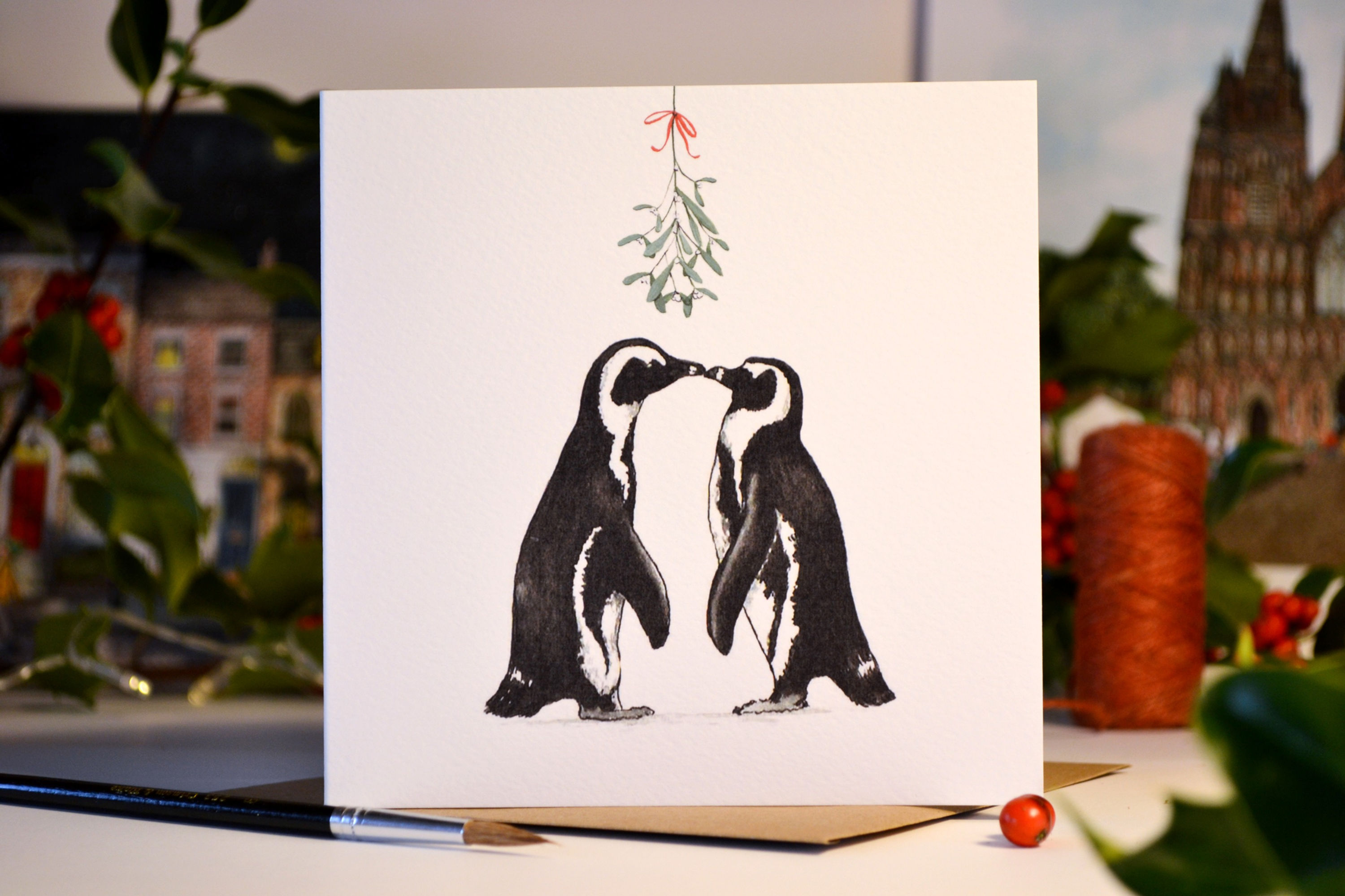 Penguins Mistletoe Christmas Card