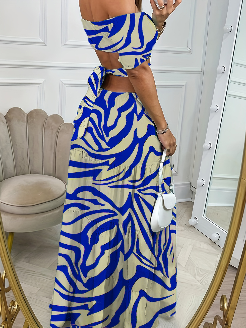 Thumbnail: Printed One-Line Collar Short-Sleeved Long Dress with Hollow Waist Design Summer