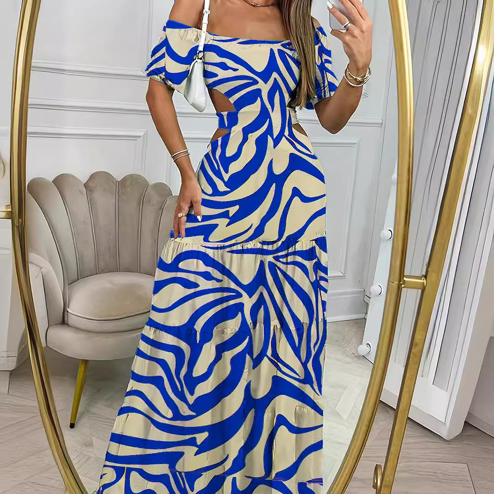 Thumbnail: Printed One-Line Collar Short-Sleeved Long Dress with Hollow Waist Design Summer
