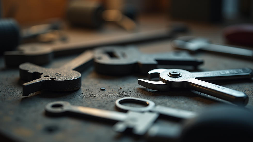 Close-up view of a locksmith’s tools laid out on a workbench