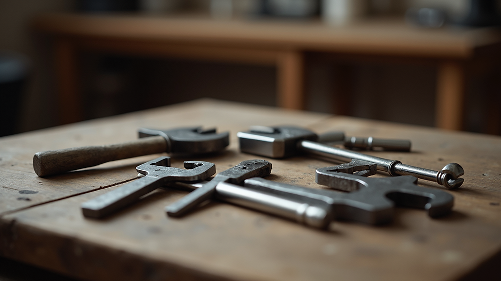 Close-up view of locksmith tools on a wooden table