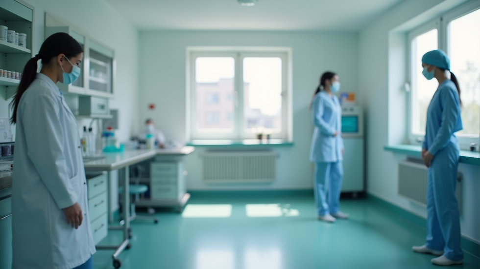 Wide angle view of a healthcare setting focused on medication management