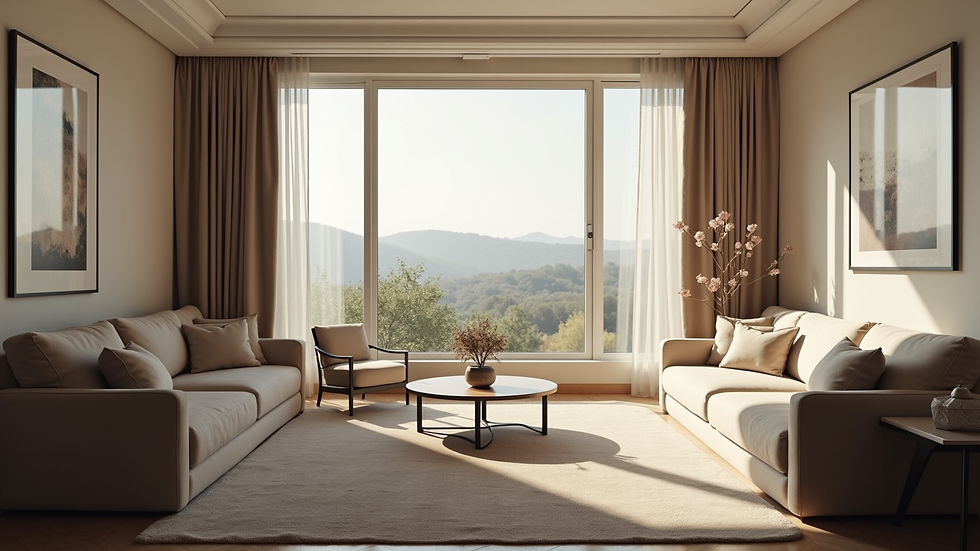 Eye-level view of a calm living room with soft lighting and comfortable seating