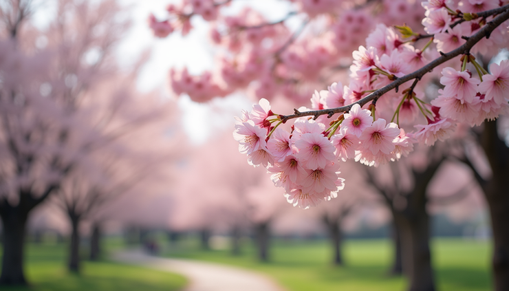 Eye-level view of a blooming cherry blossom tree in a quiet park