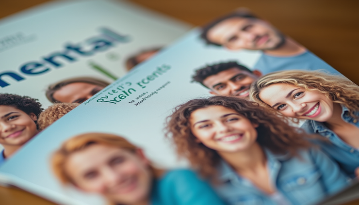 Close-up view of a mental health resource pamphlet with diverse faces on the cover