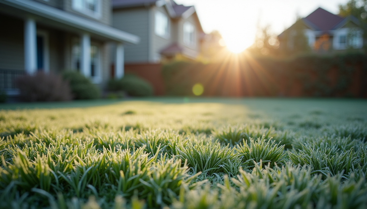 Close-up view of frost-covered grass blades in a suburban lawn