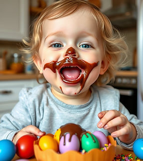 toddler eating colorful chocolate eggs with chocolate on their cheeks nose and all over th