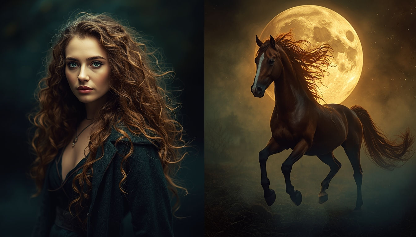 lucid-origin_A_woman_with_long_flowing_curling_hair_based_on_this_book_prompt_with_two_ima