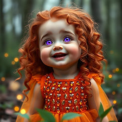 A violet eyed toddler, with long red, curly hair and dark eyebrows, in an orange dress cov