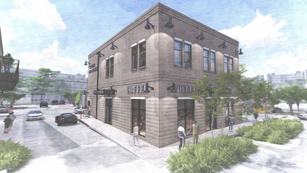 Street-level perspective of a two-story brick building with large windows and “Coffee” signage wrapping around the corner. People are walking along the sidewalk and greenery lines the street.