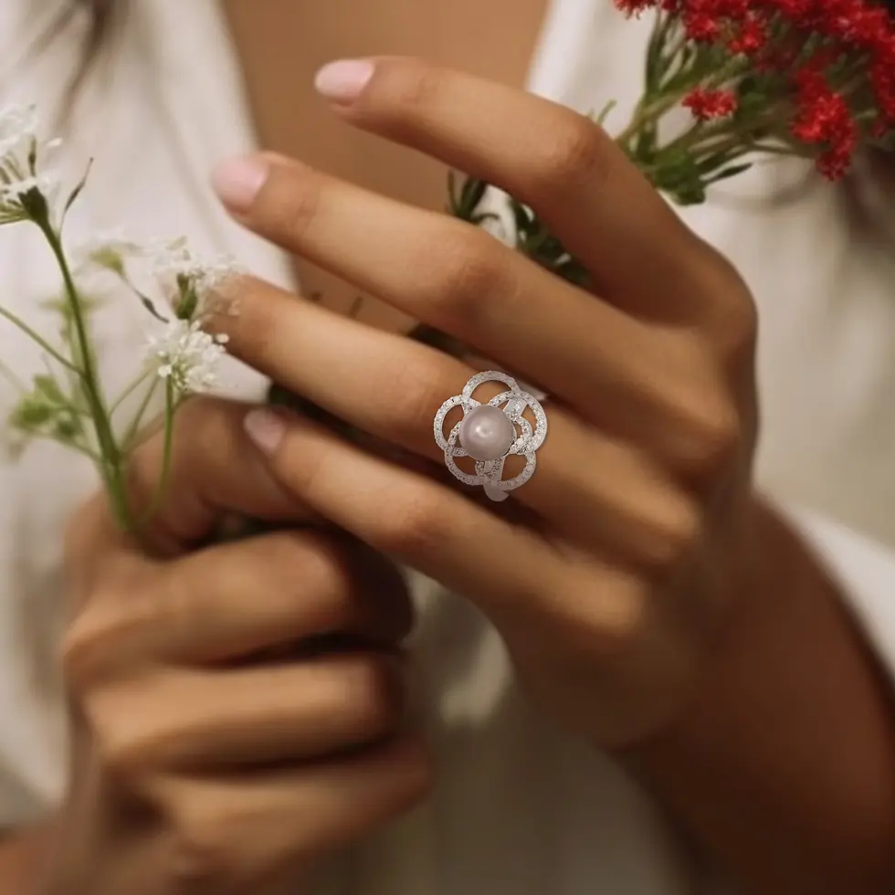 Thumbnail: 18K White Gold Beauty with 0.60ct Diamonds and Pearl Ring