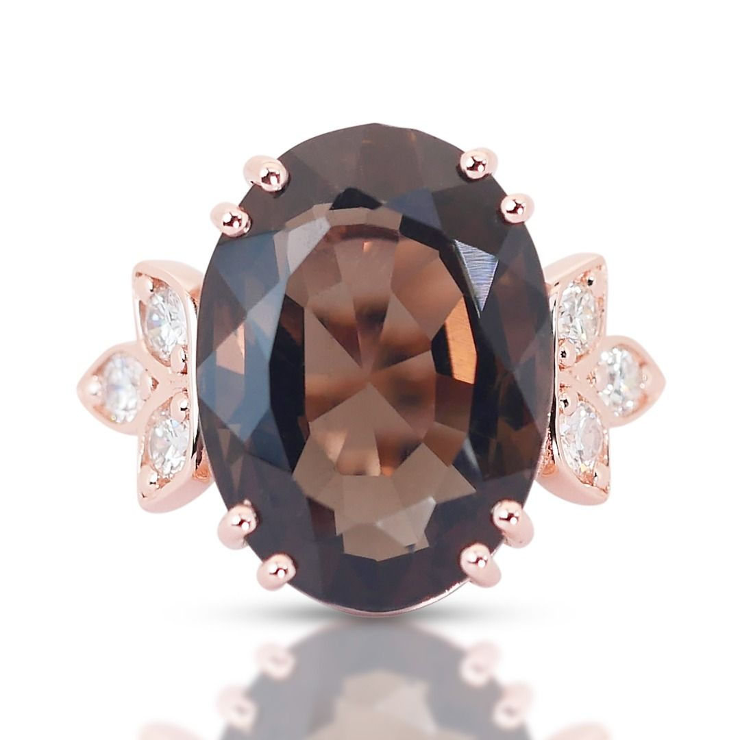 Stunning 11.7ct Smokie Quartz Pave Ring with Diamonds in 14k Rose Gold
