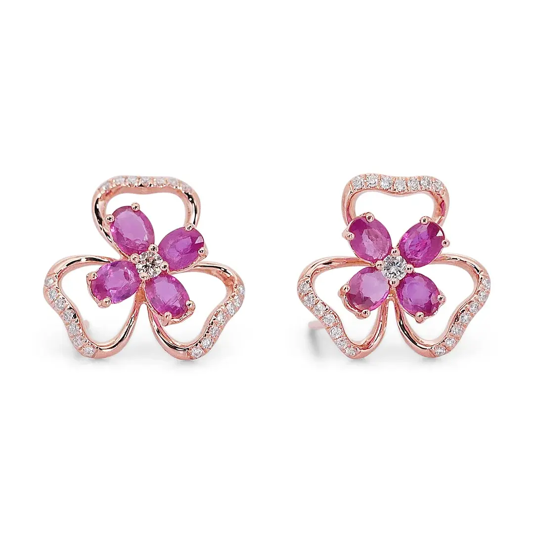 Dazzling 1.42ct Oval Natural Ruby Earrings with Diamonds