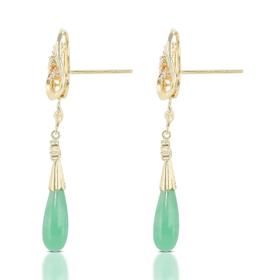 Stunning Jade and Diamond Drop Earrings in 14K Yellow Gold