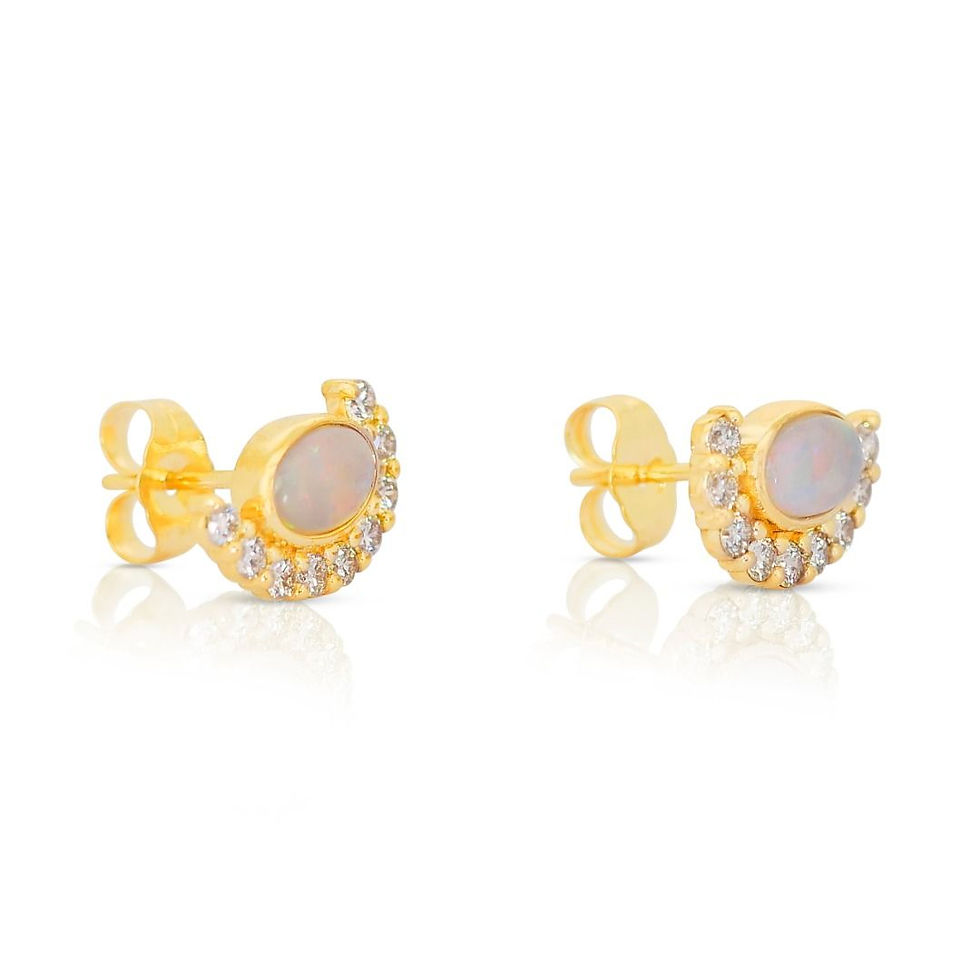 Thumbnail: Stunning 0.70ct Opal Stud Earrings with Diamonds in 14k Yellow Gold