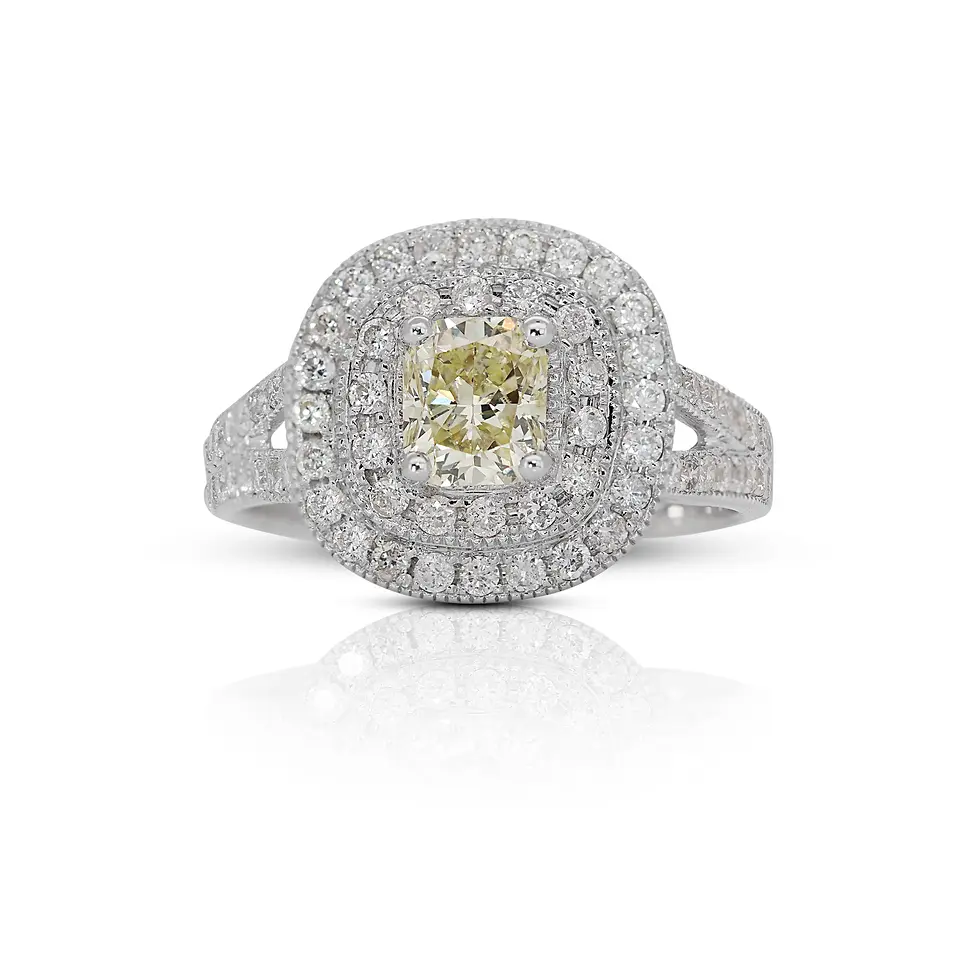Stunning 18k White Gold Pave Ring with 1.53ct Yellow Stone Center