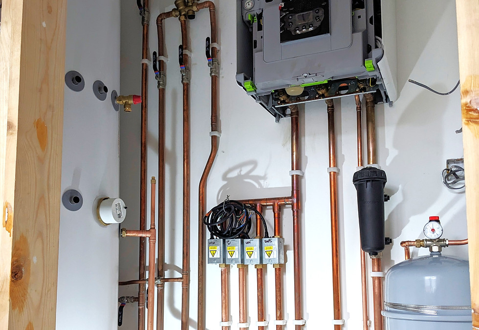 Plumbing & heating system: boiler, tank, copper pipes.
