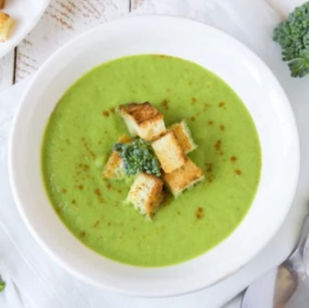 Bowl of our delicious Cream of Broccoli Soup with our delicious croutons.