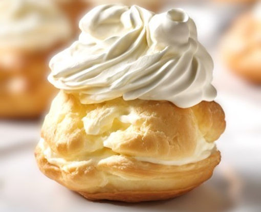 A single cream puff, filled with whipped cream, sits on a white surface, surrounded by other out-of-focus pastries.