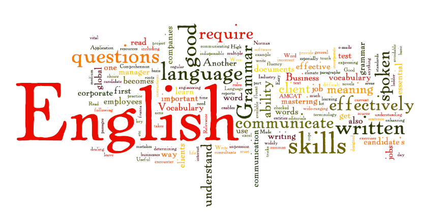 Word cloud emphasizing the importance of English language skills, featuring key terms like "language," "communicate," "written," "skills," and "effectively."