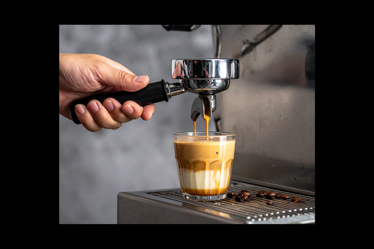 Hands carefully crafting a heart shaped latte art on espresso