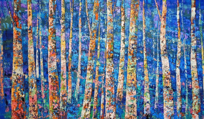 Abstract painting: Colorful birch trees