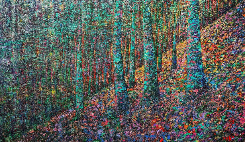 Vibrant impasto painting of a forest