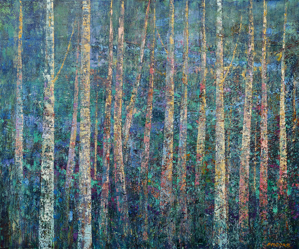Vibrant abstract painting of birch trees