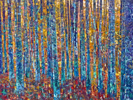he Blue Forest — oil and cold wax on canvas, 100 × 100 cm, Peter Corr
