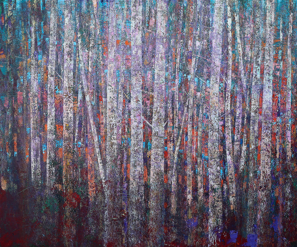Abstract forest painting exploring the connection between music and painting