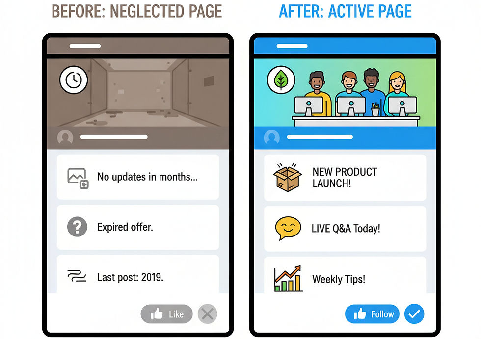 a side by side dramatic comparison of an old, outdated, and neglected page next to what it would be with an active page. the listed benefits are new product launch, live q and a, and weekly tips. this keeps customers engaged.