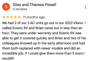 Review for Scenic RV Services for fixing 2 ACs quickly and with newer models that afternoon