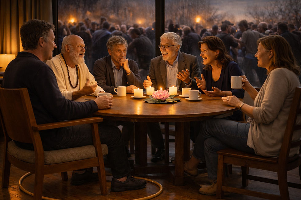 'The Vision': The ‘Seat of your Soul’. The world is in chaos. There is conflict everywhere. But you can choose not to be part of it: To keep it outside. it is your choice not to getnup and join the fight outside. Notice the lotus flower on the table - the most referenced metaphor for transformation: The lotus not only can grow in mud, it needs the mud to grow - but you can choose to keep the mud outside.