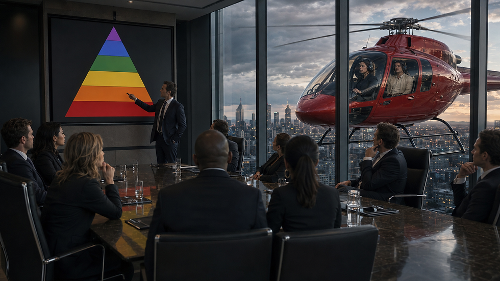 Taking Off in Any Weather: The Helicopter Ascent from the Penthouse, while the leadership team ponder the pyramid.