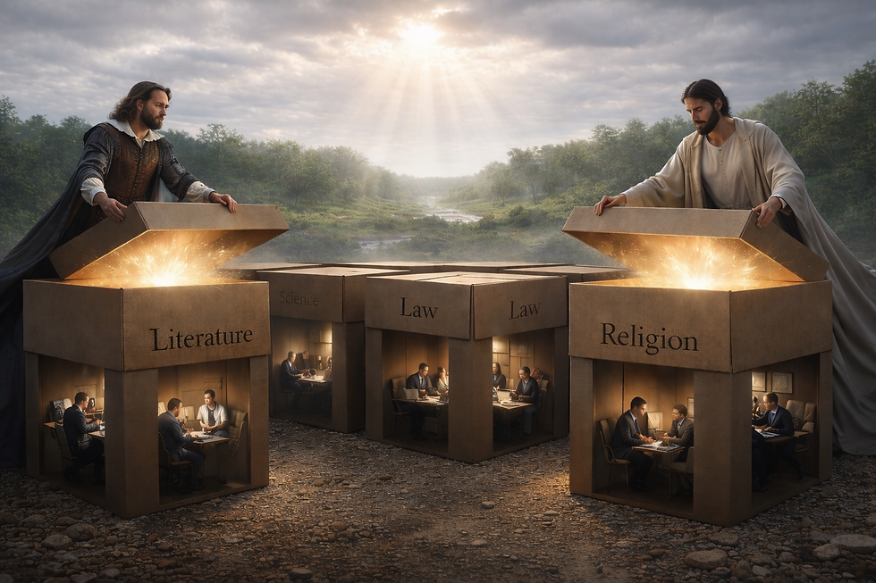 Pre-Truth: The Disciplines Beneath the Lid. The disciplines are not yet in Truth: some lids are beginning to lift, while others remain closed. Two archetypal witnesses - Shakespeare and Jesus, stand above the boxed disciplines and lift the lids from ‘Literature’ and ‘Religion’, while ‘Law’ remains closed at the centre. Light pours upward from the opened boxes, yet the wider field beyond them still stretches untouched. The image does not depict evil boxes, but partial chambers: forms of knowledge still working under lids, still enclosed by fear, still not yet seeing the wider land of Truth, love, and humanity beyond their own walls.