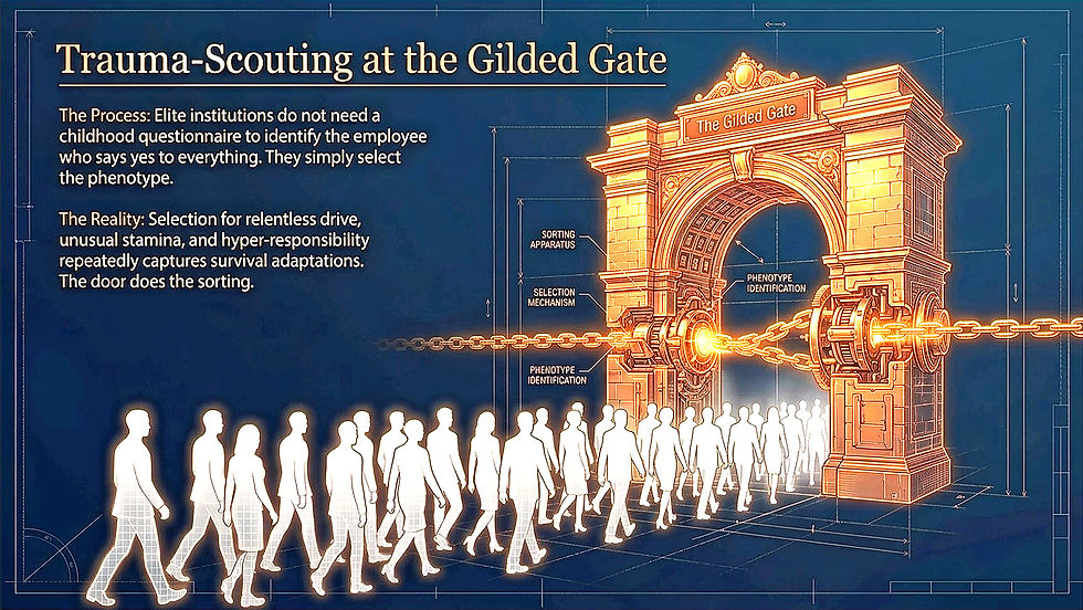 Plate VII · Title: Trauma-Scouting at the Gilded Gate. A triumphal arch that sorts the queue without ever asking a question. The Process: elite institutions do not need a childhood questionnaire to identify the employee who says yes to everything; they simply select the phenotype. The Reality: selection for relentless drive, unusual stamina and hyper-responsibility repeatedly captures survival adaptations. Luminous, translucent figures file towards a gilded arch whose stonework hides machinery labelled Sorting Apparatus, Selection Mechanism and Phenotype Identification, and the chain runs straight through the gears of the gate. The door does the sorting.