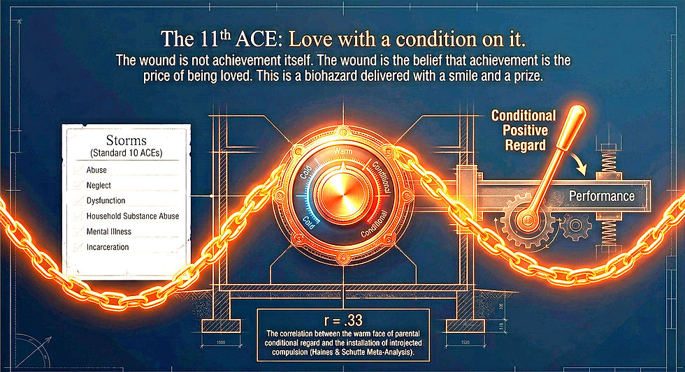 Plate III · Title: The Eleventh ACE: Love with a Condition on It. Ten storms on the checklist, and an eleventh that arrives warm, smiling and carrying a prize. On the left, the ‘Storms’ of the standard ACE questionnaire, abuse, neglect, household dysfunction, substance misuse, mental illness and incarceration, each ticked off. At the centre, a dial of parental warmth whose scale does not end at ‘Warm’ but runs on into ‘Conditional’; beside it, the lever of Conditional Positive Regard engages the gears of Performance. Beneath, r = .33: the association Jolene Haines and Nicola Schutte found, across 31 samples and 11,404 participants, between parental conditional regard and introjected regulation, the inner compulsion of ‘I must, or I am nothing’. The wound is not achievement itself. The wound is the belief that achievement is the price of being loved.