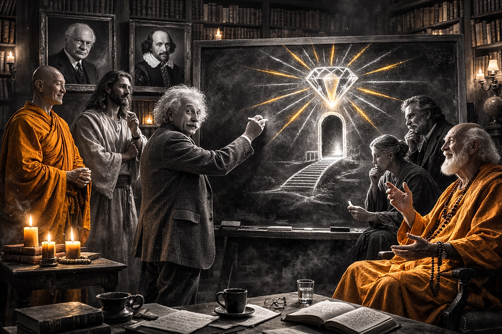 'The Witnesses Who Lived at the Intersection.' These witnesses lived there so that we could too. Seeing not facets, but one essential diamond. We see the Buddha, Jesus, William Shakespeare, Marie Curie, Albert Einstein, Carl Jung, and Ram Dass.
