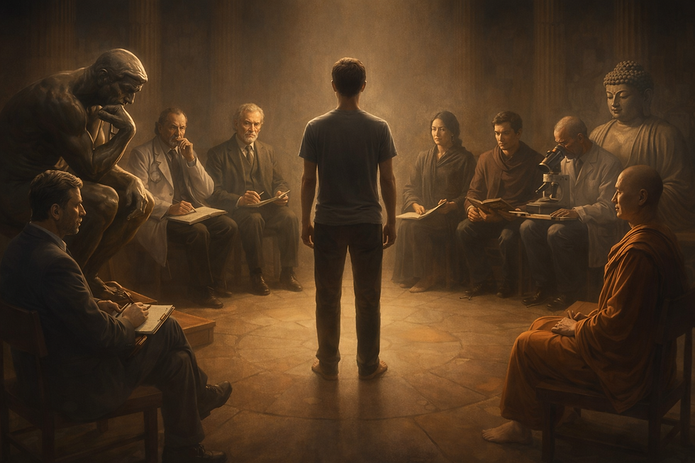 The Human Condition under the light of awareness at the 'Council of Disciplines': The disciplines that investigate the human condition have finally been brought together, watched over by Rodin's 'The Thinker' (knowledge), and the infinitely expanded conscious awareness of The Buddha (wisdom and Enlightenment from lived experience).